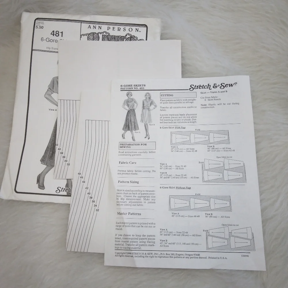 STRETCH & SEW 481 Six Gore Skirt Hip Size 32-48, Ann Person Collectibles